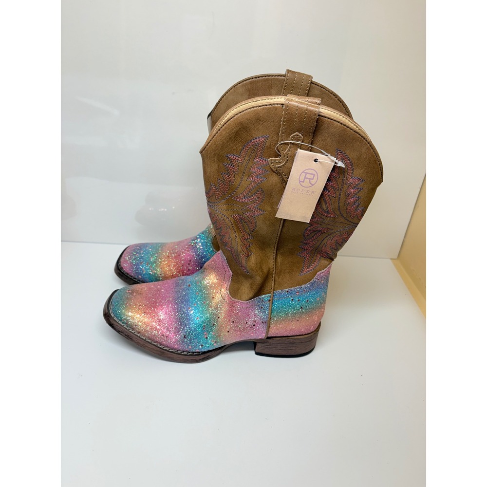 Roper Girls Size 3 Rainbow Glitter Tan Cowboy Boots Square Toe